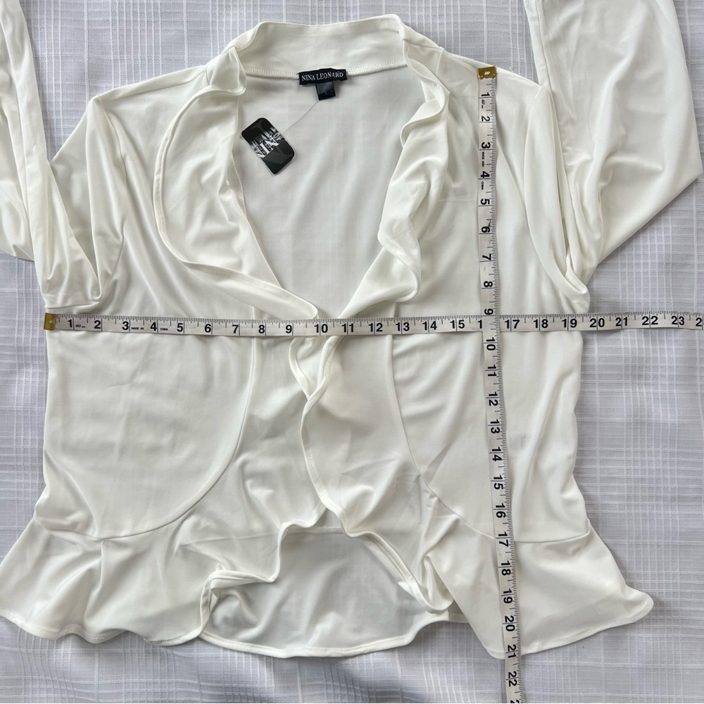 Nina Leonard Ivory Ruffle Draped Open-Front Shrug Bolero 3/4 Sleeves SZ L - Picture 11 of 15
